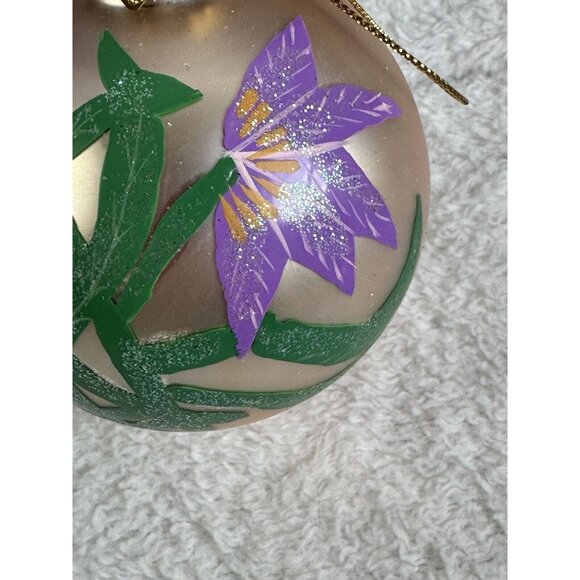 Hand painted Floral Glass Christmas Ornament Purple Gold Vtg Large Artist - Picture 4 of 8